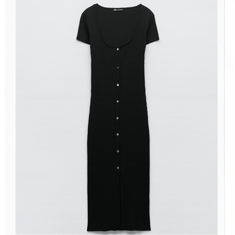 Zara Black Cotton Ribbed Dress With Buttons Size S